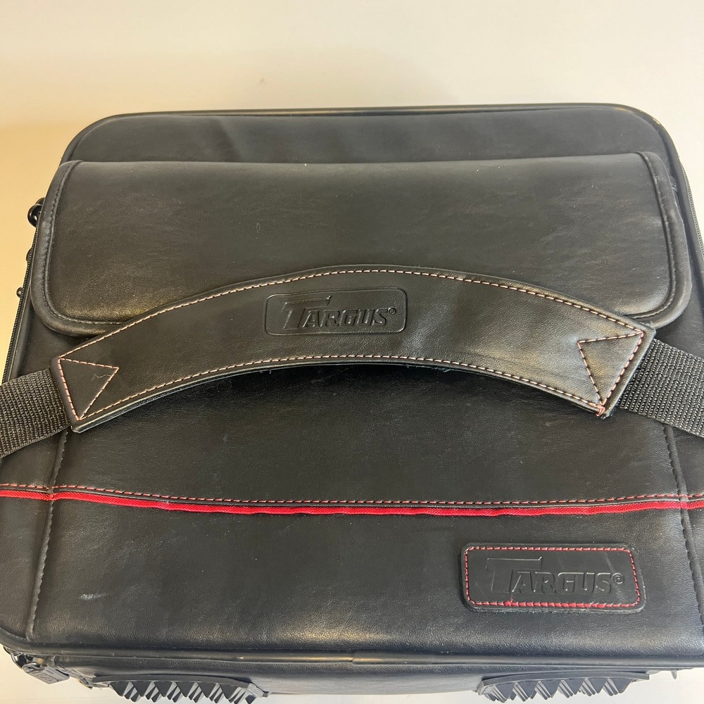 Targus Black Faux Leather Laptop Messenger Bag Red Stitching Briefcase Case - Picture 4 of 13